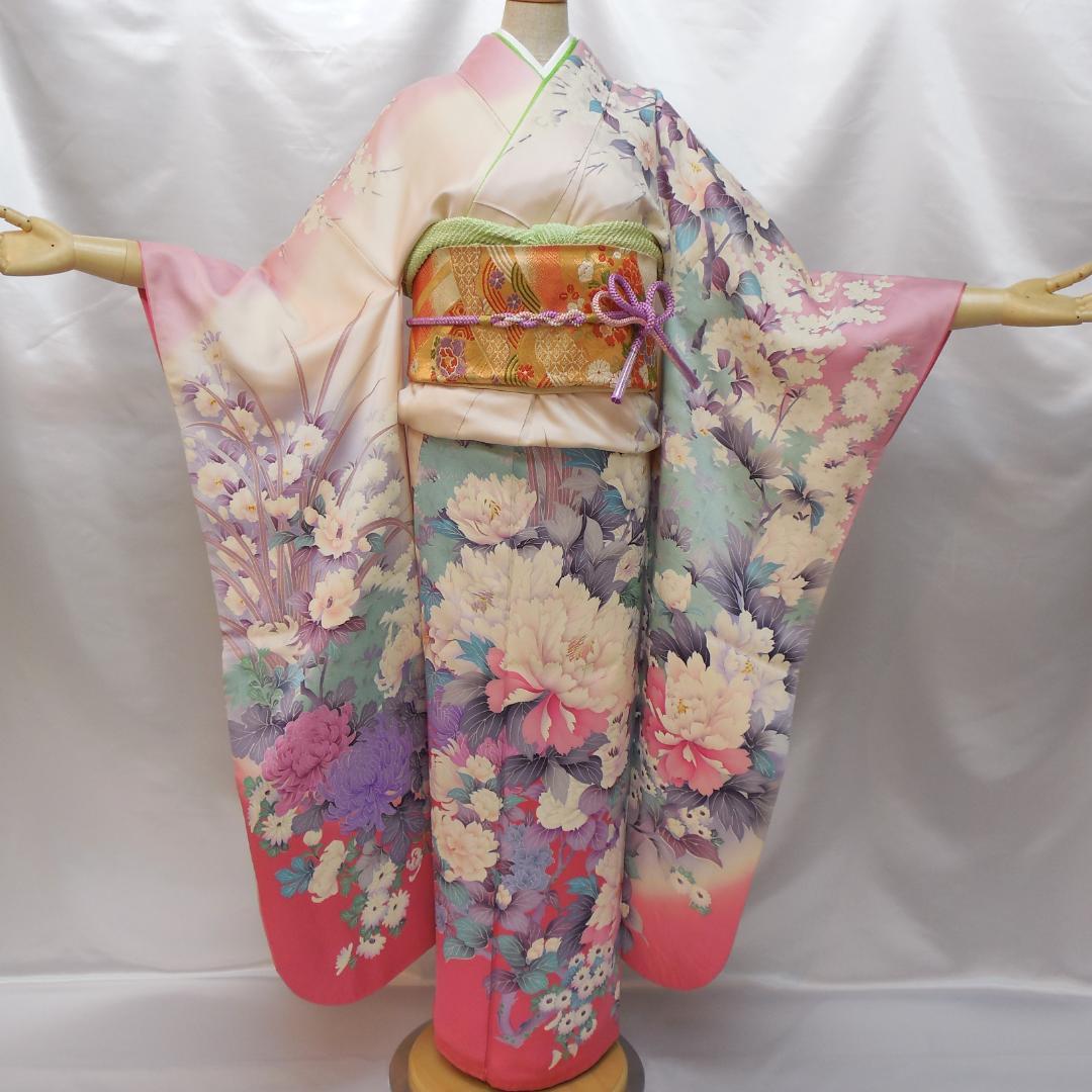 美品★振袖フルセット　正絹　成人式　振袖　7点セット　Mサイズ　ピンク　花柄