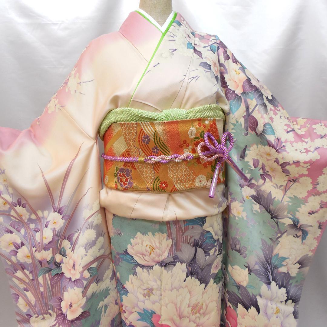美品★振袖フルセット　正絹　成人式　振袖　7点セット　Mサイズ　ピンク　花柄