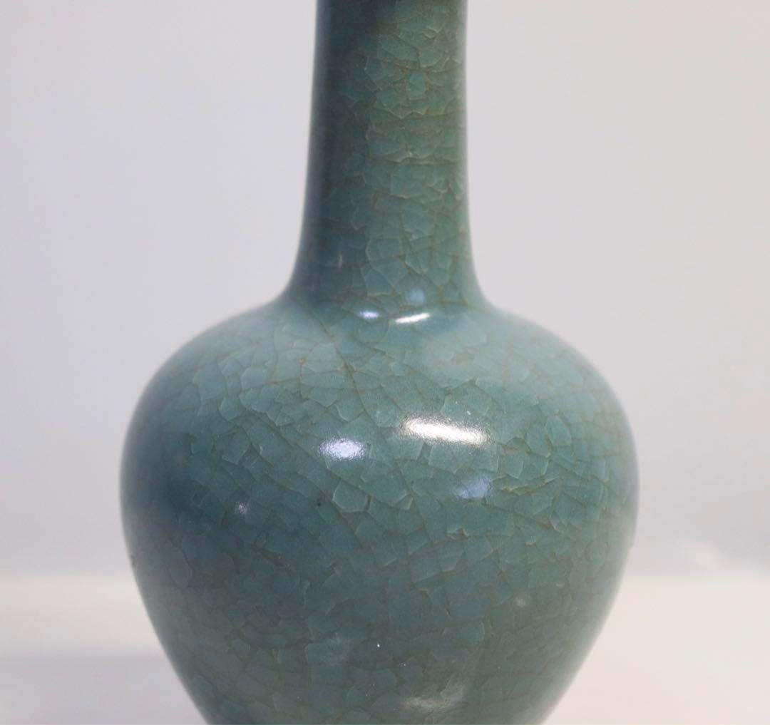 中国　宋時代　天青釉汝窑冰片纹长颈瓶　青磁長頸瓶　七官青磁