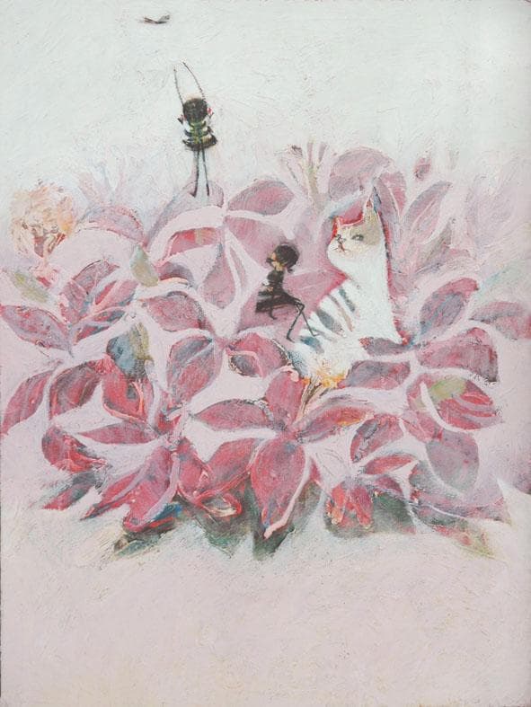 油絵 菅家令子 絵 絵画インテリア額付(白) uF6-070519 子猫と女の子