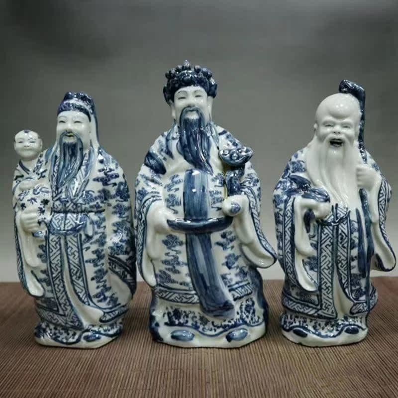 青花 福禄寿 三つ星 磁器 神像 置物 工芸品 美術品