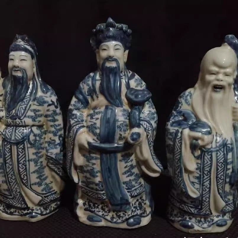 青花 福禄寿 三つ星 磁器 神像 置物 工芸品 美術品