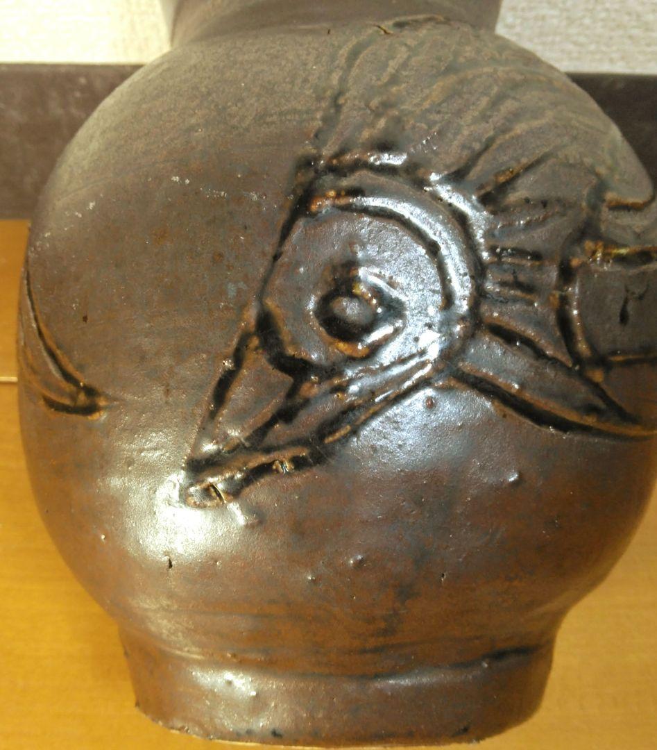 人間国宝 金城次郎 壷屋焼 黒花瓶 栞 共箱 美品完品 魚紋2 大珍品 希少品