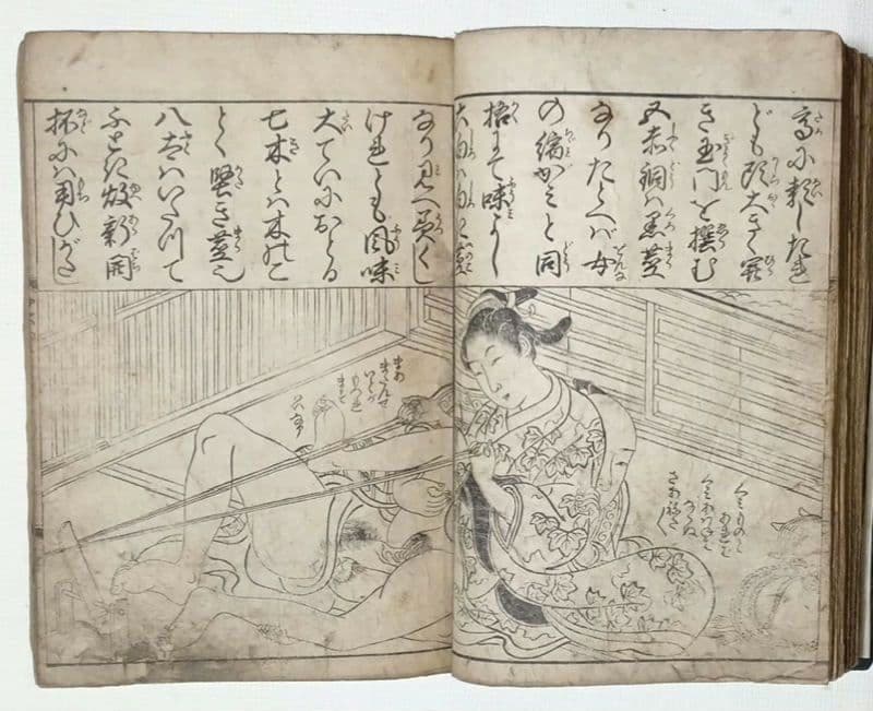 黒摺版画本女大楽寳開（色)月岡雪鼎画 宝暦年間最初4丁8ページ欠け。直し補修有り