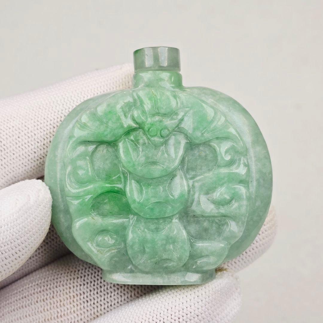収集品 天然石 本物古翡翠 両面 手彫 福如意紋 鼻煙壺 薬瓶 超美品