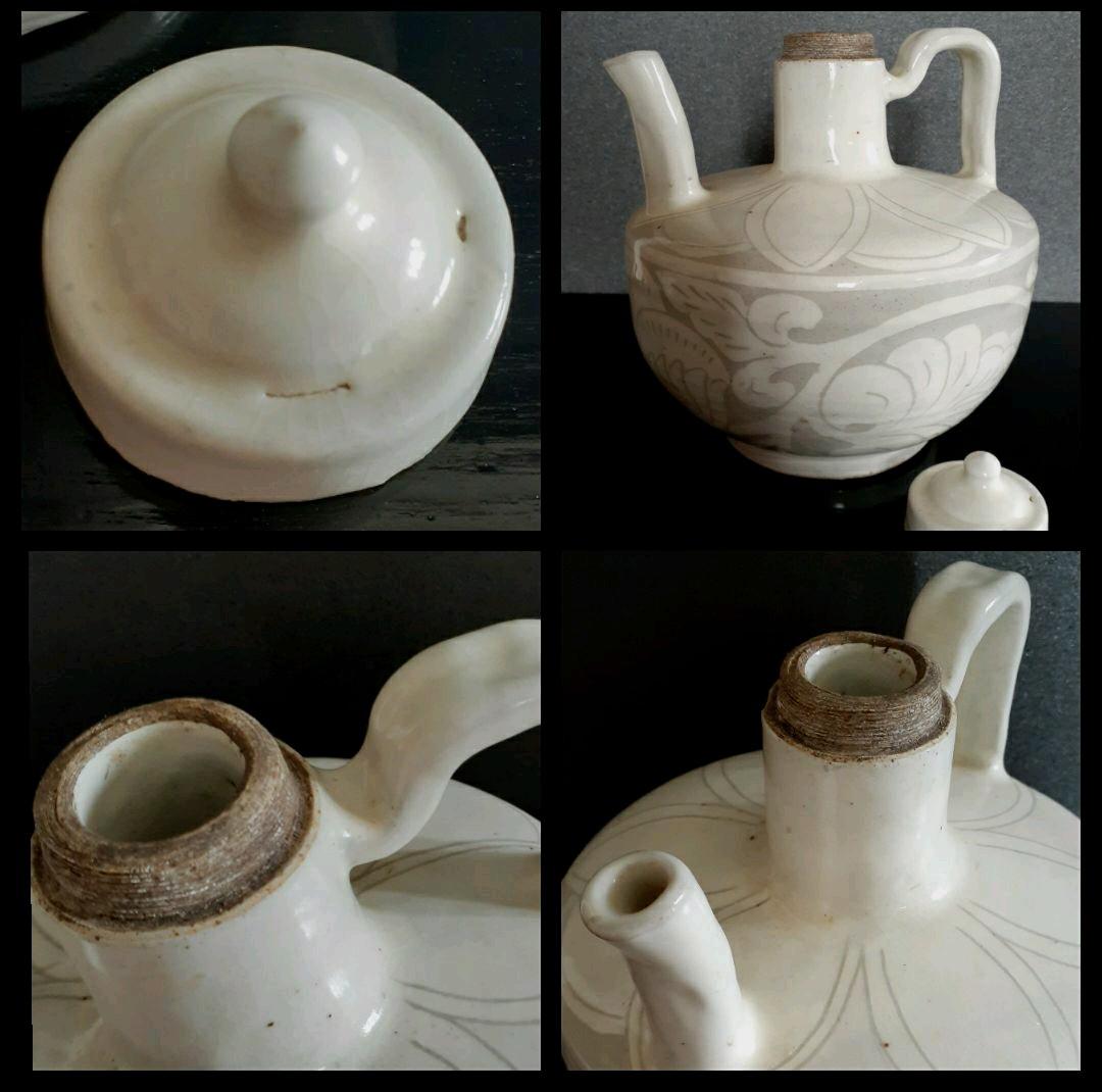 中国古美術　中国古陶磁器　古玩　磁州窯　白釉刻花　掻落し技法　唐草文様　水注