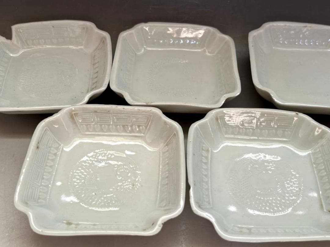 小皿■出石焼（江戸～明治）古い白磁四方皿角皿 7枚 龍 傷有 時代物 骨董品■