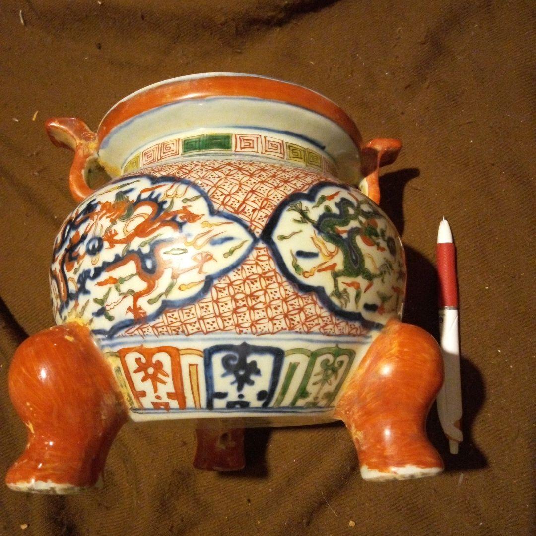 中国陶磁器　明万歴赤絵　三足香炉