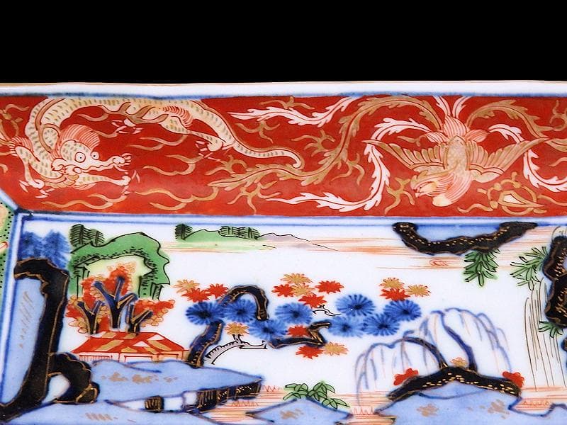 大聖寺伊万里　金襴手　龍に鳳凰　山水紋の図　長皿　356AS-DBl