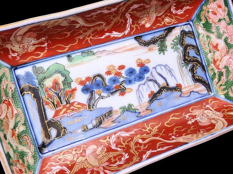 大聖寺伊万里　金襴手　龍に鳳凰　山水紋の図　長皿　356AS-DBl