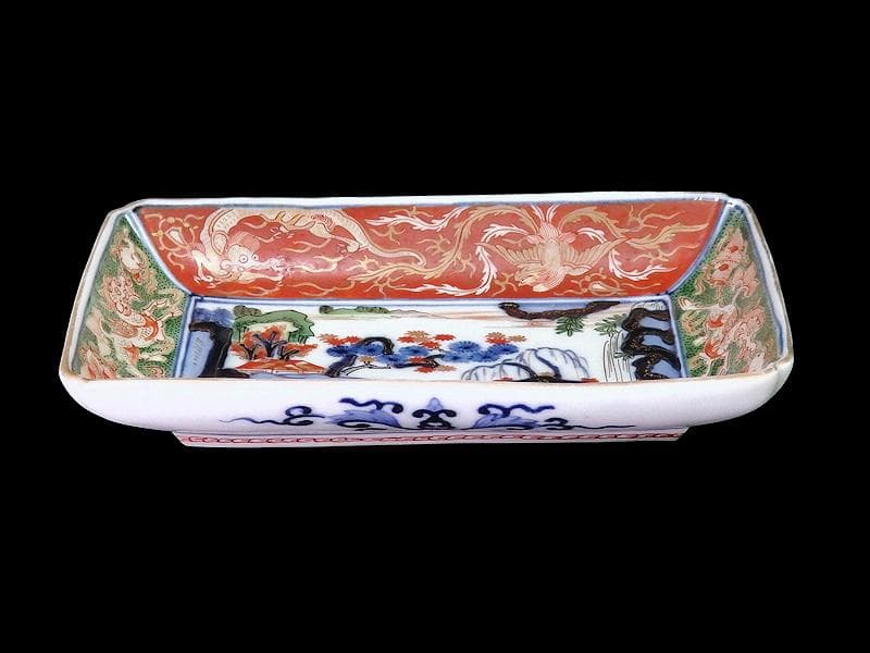 大聖寺伊万里　金襴手　龍に鳳凰　山水紋の図　長皿　356AS-DBl