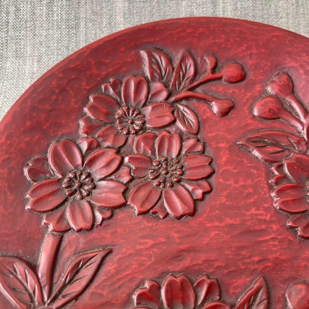 確認用　鎌倉彫　八重桜　サクラ　漆器　木製　木彫り　菓子皿　5寸皿