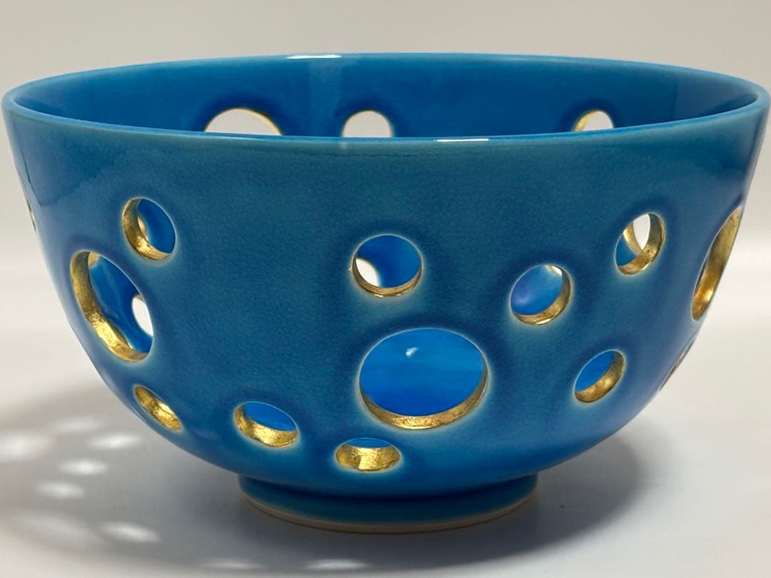 茶道具 中村翠嵐 浅黄交趾水玉透菓子器 菓子器 共箱