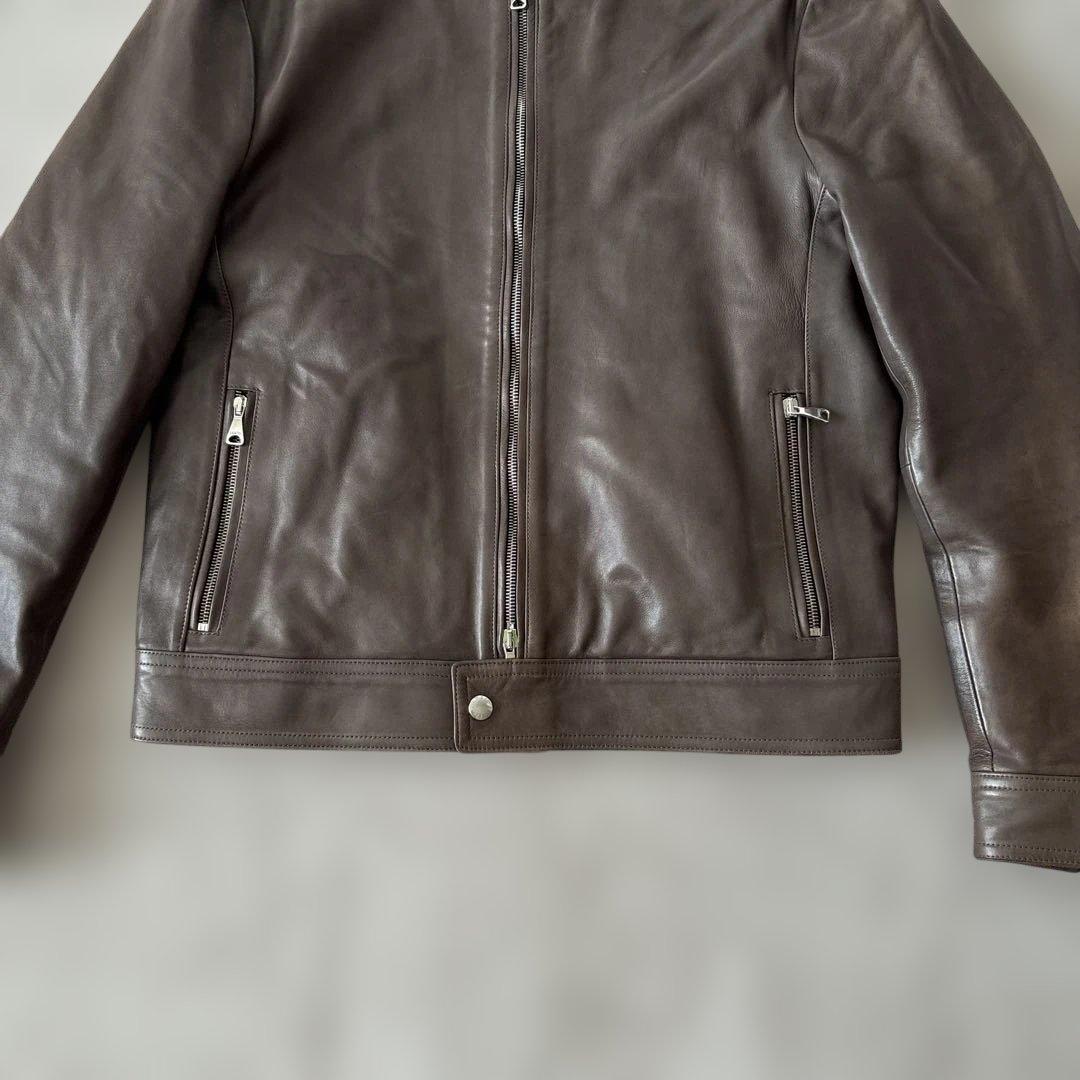 【50サイズ】美品　EMMETI シングルライダース 羊革　グレージュ　Wジップ