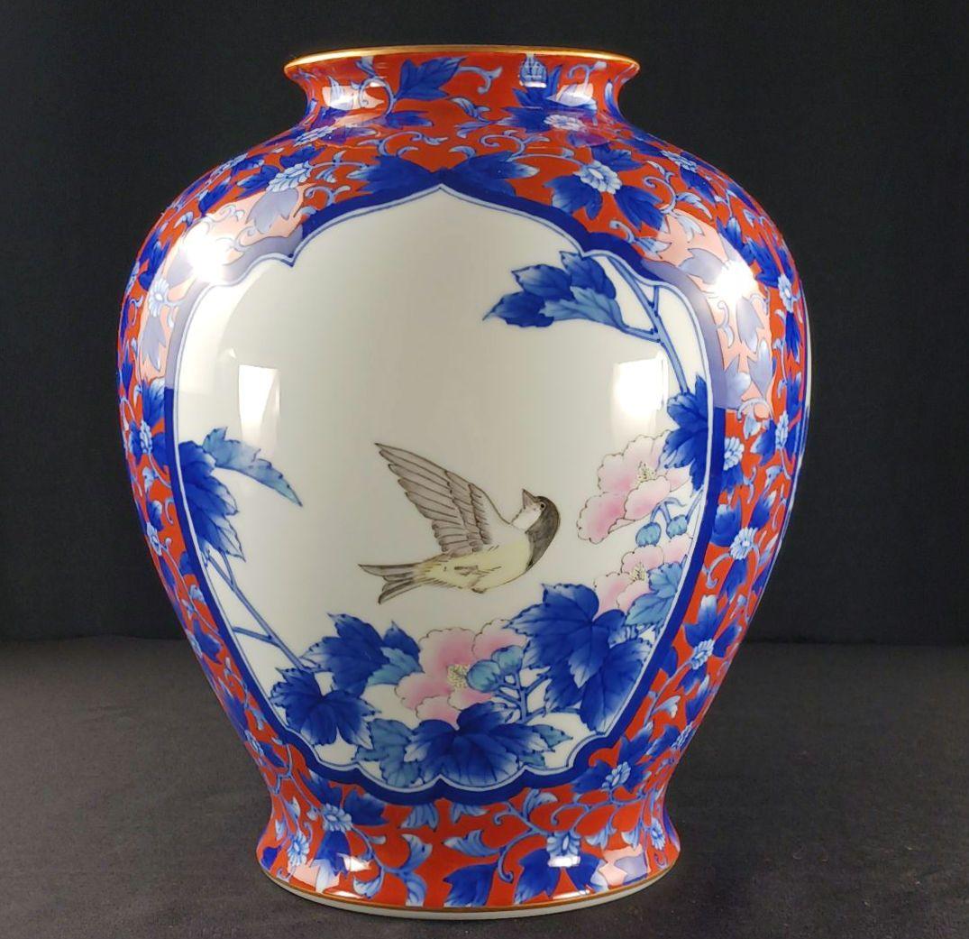 Y2293-78 深川製 金彩 花鳥図 飾壷 大型 高さ31.5㎝