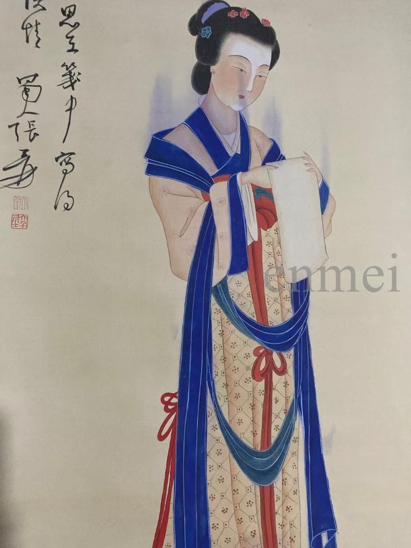 中国古美術・旧藏珍品・張大千款・仕女図・絹本・純手描き・掛軸・中堂畫・郵票落款