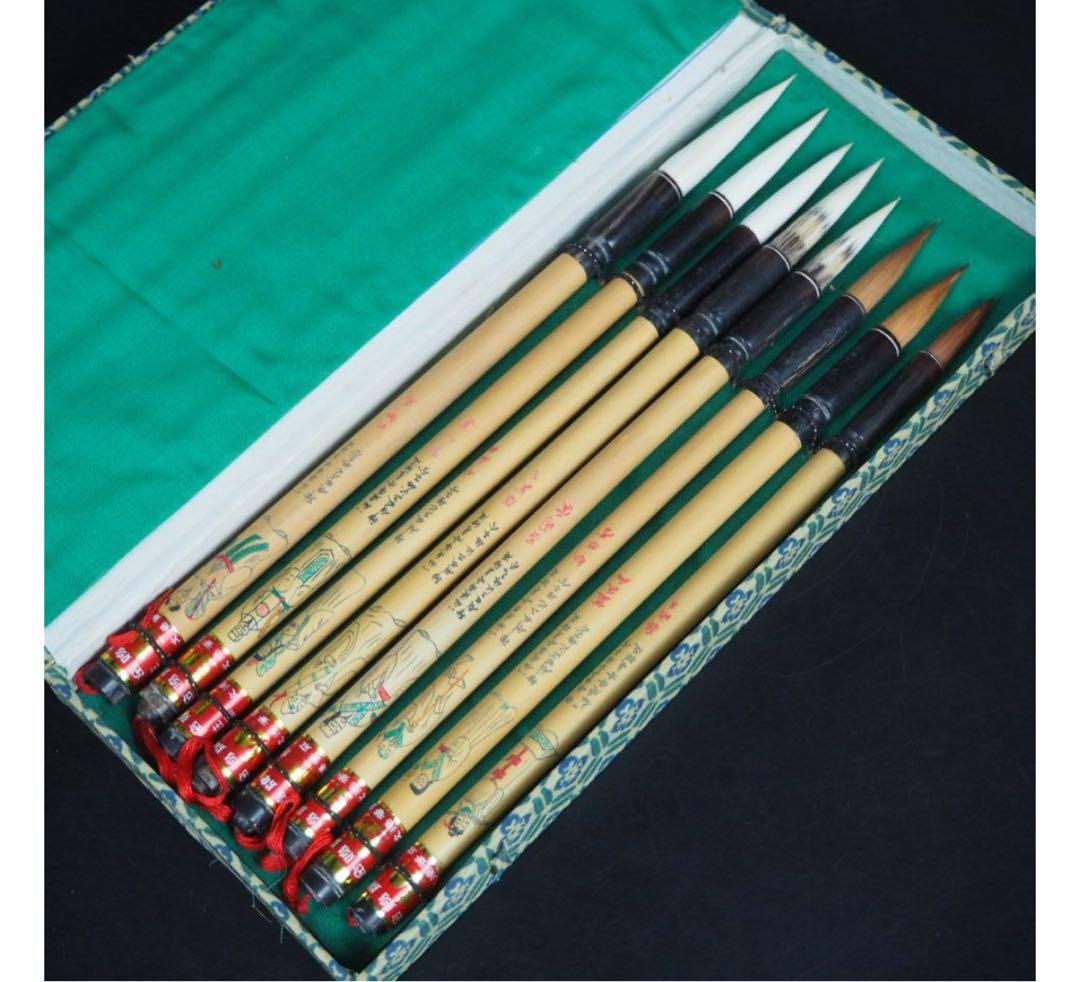 送料無料　八仙図漢詩彫　金鶏牌高級筆8本　文港筆荘　書道具