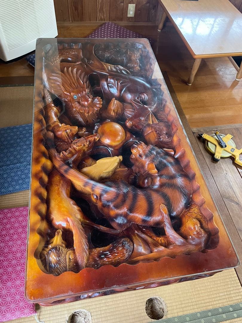 干支 彫刻 木彫 テーブル アンティーク ガラス天板