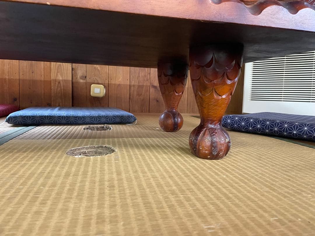 干支 彫刻 木彫 テーブル アンティーク ガラス天板