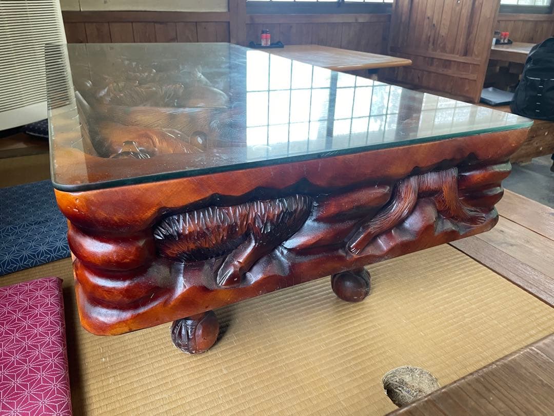 干支 彫刻 木彫 テーブル アンティーク ガラス天板