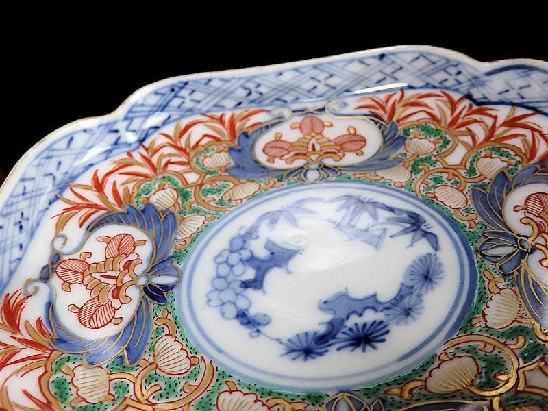 大聖寺伊万里　金襴手　松竹梅に草花紋の図　四方角皿 ５枚　C688AS-fbbi