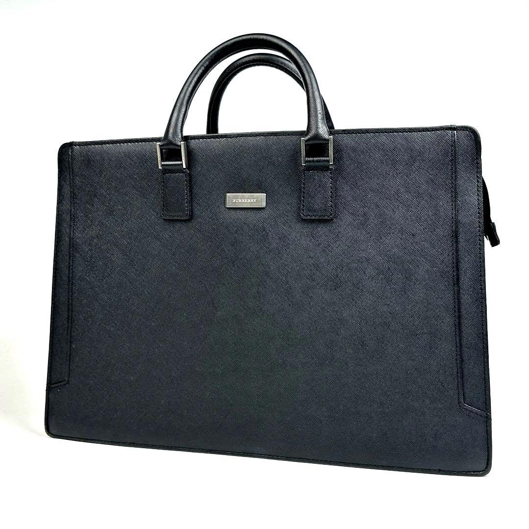【美品】バーバリー　ビジネスバッグ　裏地総柄　サフィアーノ　レザー　ブラック
