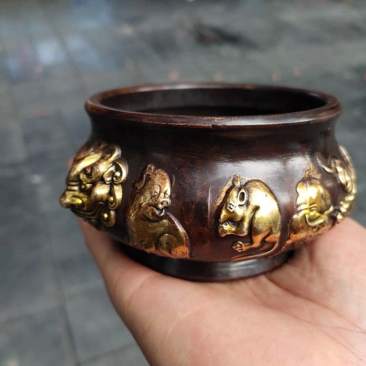 銅 細工 十二支香炉 茶道香炉 挿し香炉 仏堂香炉 装飾品 工芸品 置物