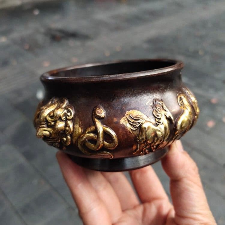 銅 細工 十二支香炉 茶道香炉 挿し香炉 仏堂香炉 装飾品 工芸品 置物
