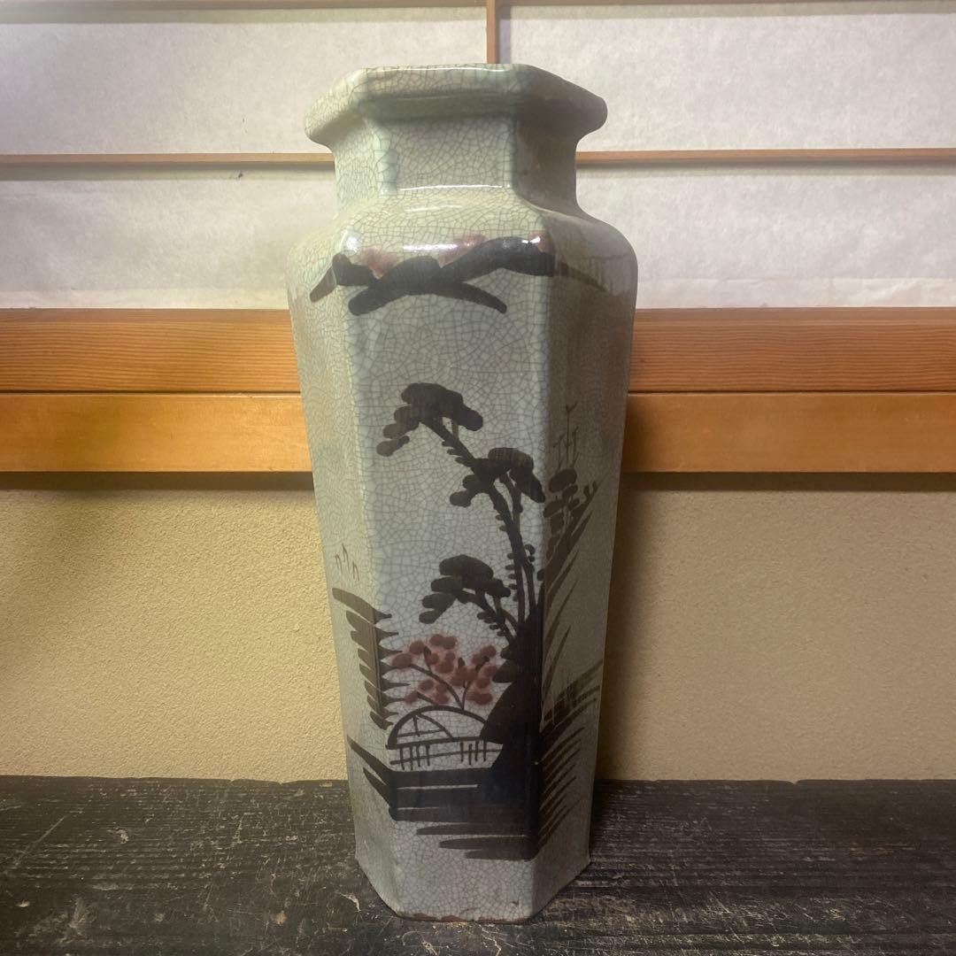 中国古玩　面取山水図花瓶【大】37cm13cm