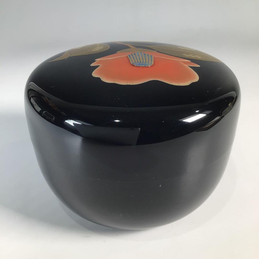 Ｎ３３５　棗　『一后一兆作』『而妙斎(千宗左)書付』『椿蒔絵』『平棗』　共箱