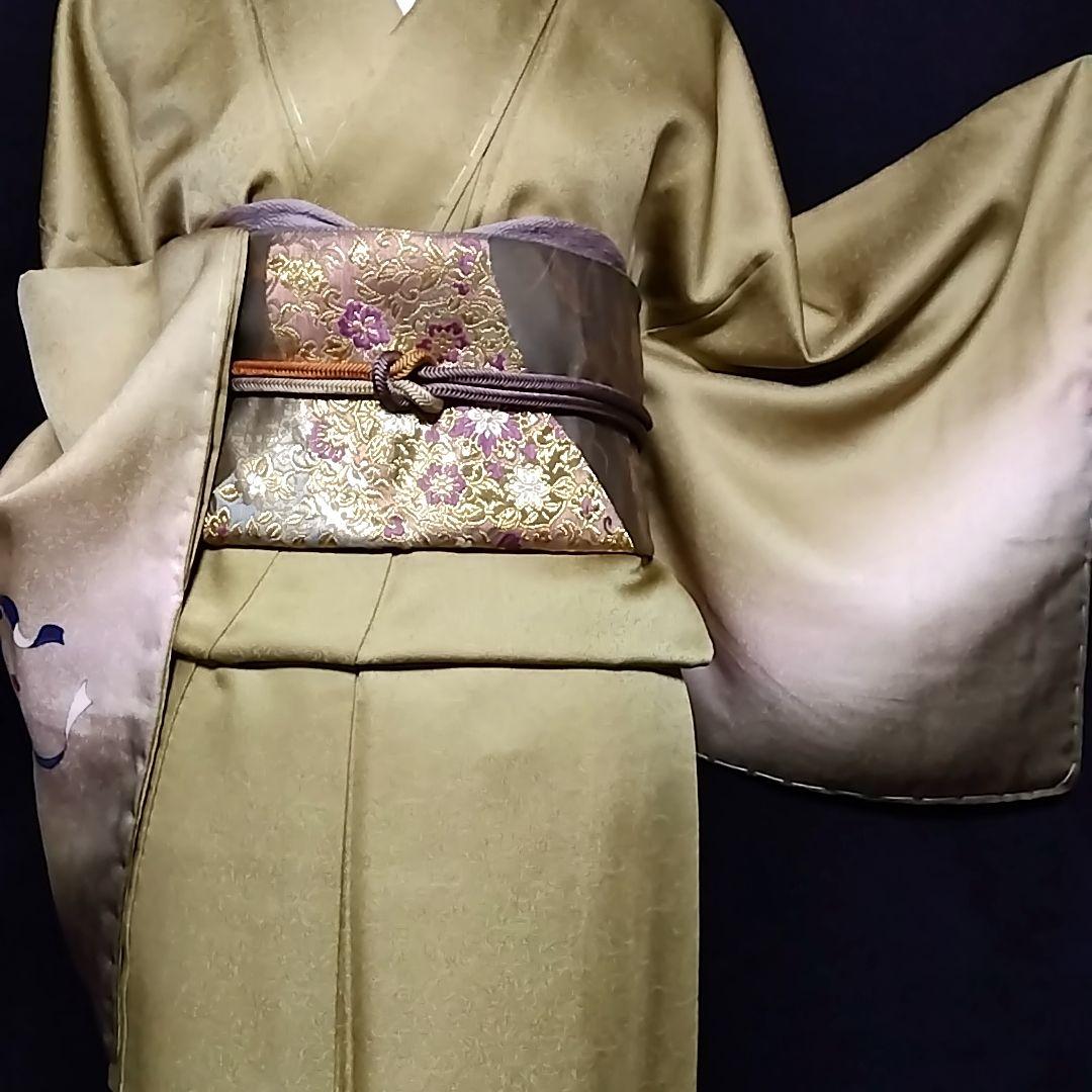 風神雷神 付け下げ 付下げ 地紋 袋帯 セット　じゅらく 帝王紫 辛子色