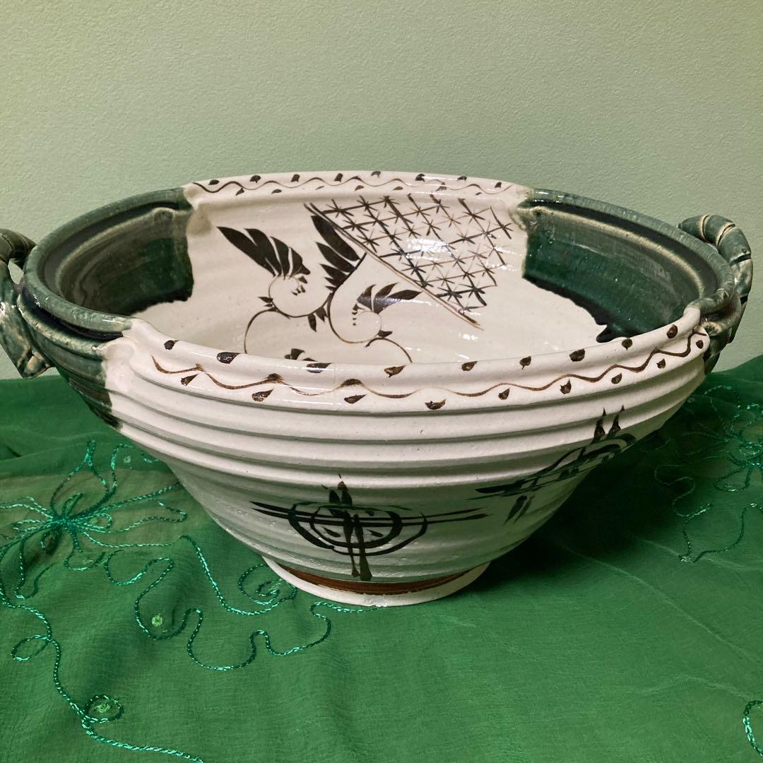 織部両手鉢　水盤　御手水　つくばい　メダカ鉢　睡蓮鉢