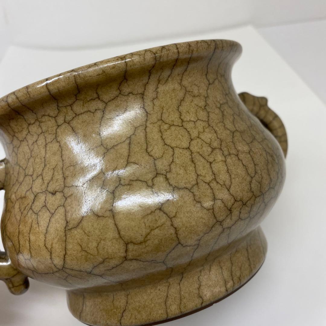 中国古窯　哥窯双耳香炉　高さ10.2㎝　トヒチル　東さ7-0728①