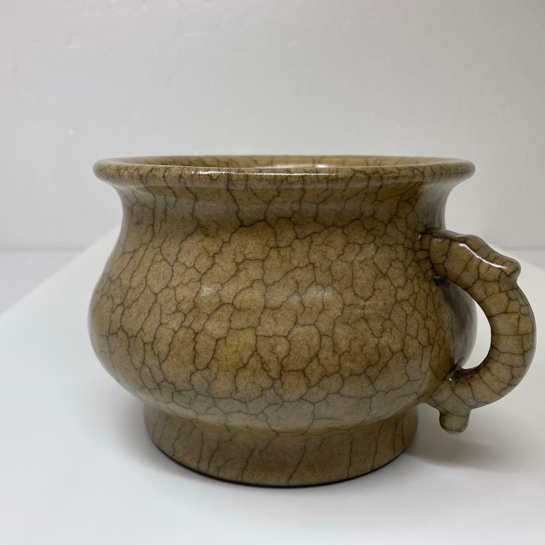中国古窯　哥窯双耳香炉　高さ10.2㎝　トヒチル　東さ7-0728①