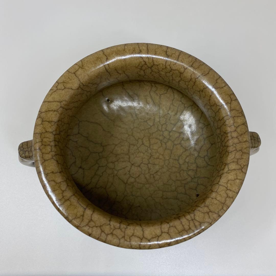 中国古窯　哥窯双耳香炉　高さ10.2㎝　トヒチル　東さ7-0728①