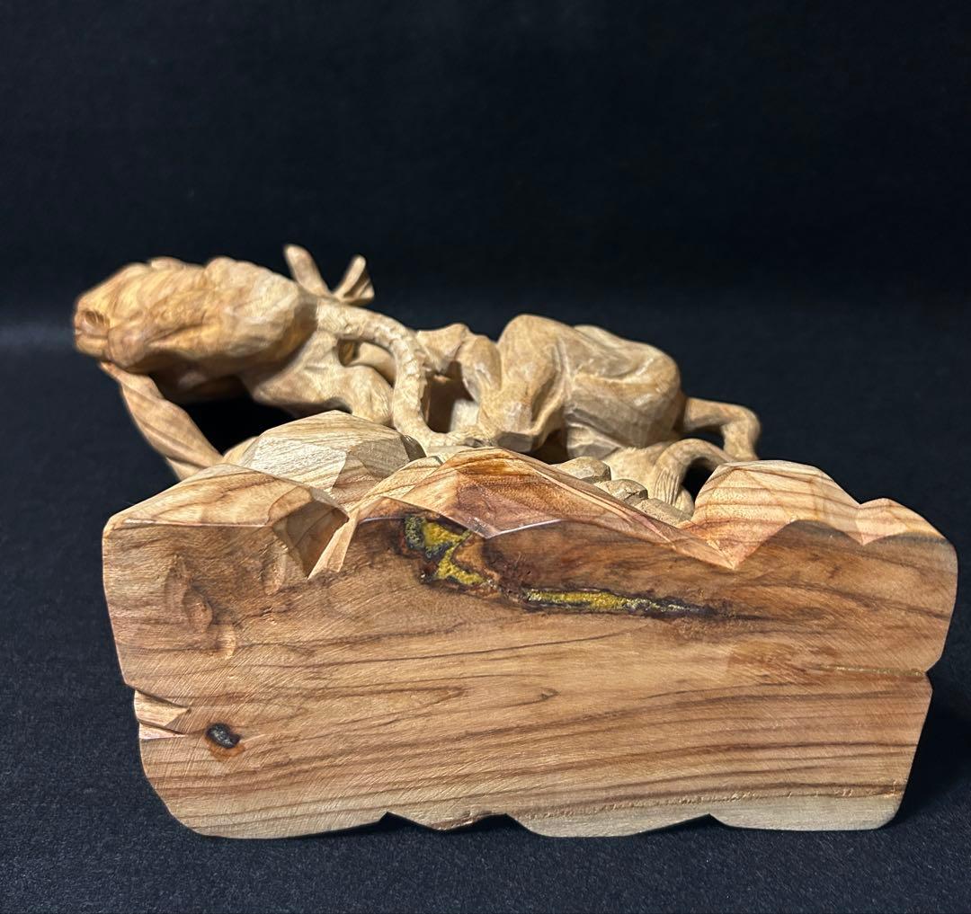 彫刻 木造 虎 牛 闘い 戦 木彫 オブジェ 置物 美術