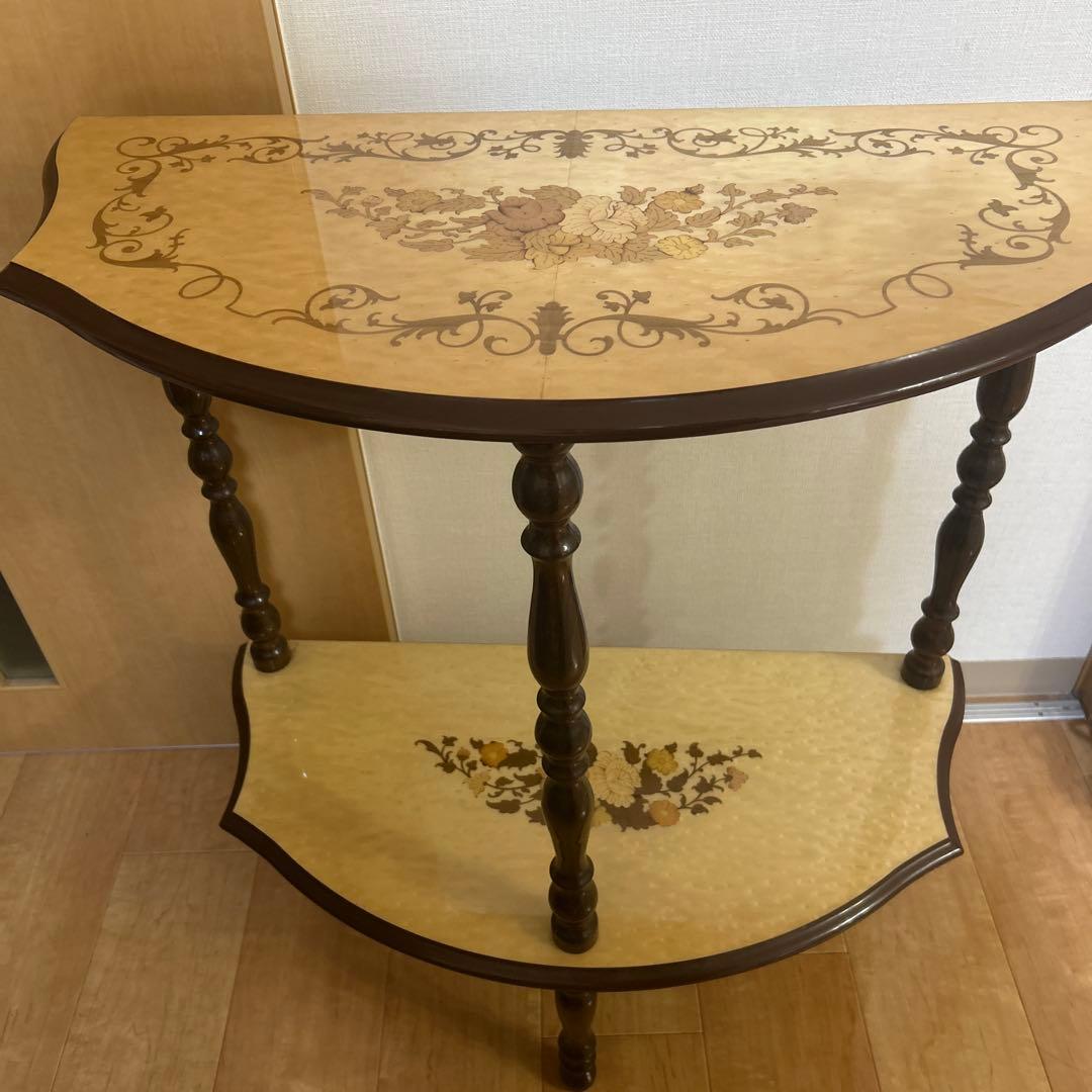 即日配送！花柄装飾 木製コンソールテーブル 半円形