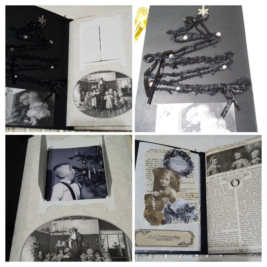 モノクロカラーのクリスマス　ジャンクジャーナル　アンティーク　レース　ビンテージ