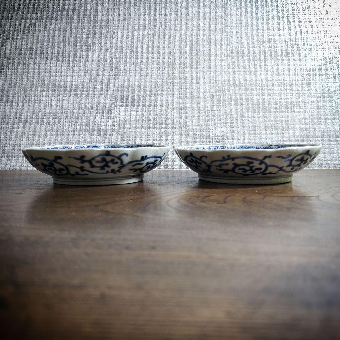 なます皿　染付　微塵唐草　富貴長春　古伊万里　　二枚　貫入　江戸　松竹梅　イ号