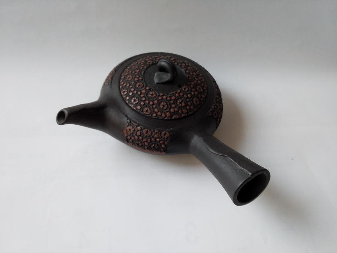 更紗常滑焼 稲葉石水 造 黒泥茶注 黒泥丸型急須 土瓶 共箱 共布 栞新品