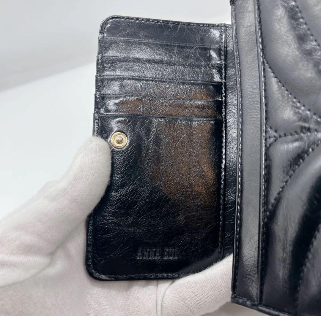 極美品 アナスイ ポワロ キルティング 二つ折り財布 ビジュー ブラック レザー