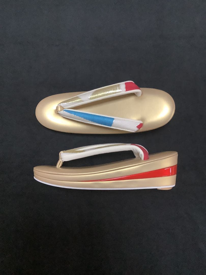 振袖用　高級帯地草履バッグセット　Lサイズ　赤と金と青