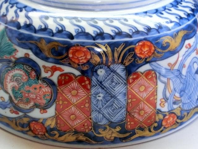 鉢■古伊万里 みごとな大鉢(江戸後期～明治期) 鳳凰紋 窓絵花唐草赤絵 骨董品■