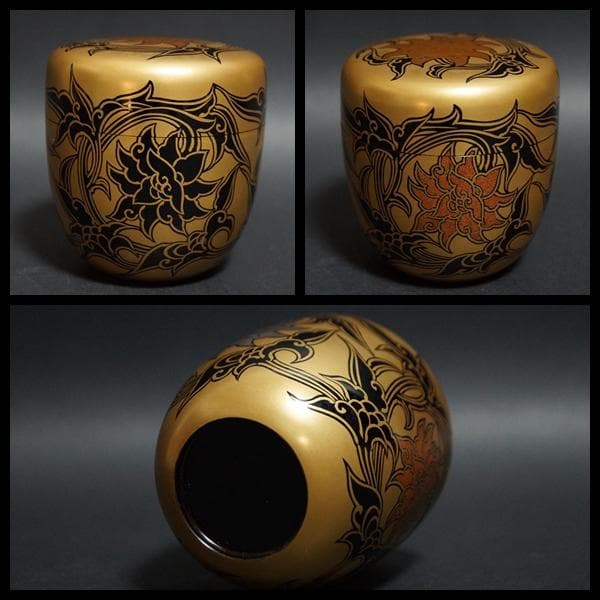 輪島塗 蒔絵師 紫香 (谷内 一則)造 金蒔絵『唐花』棗木製漆塗 共箱★美品