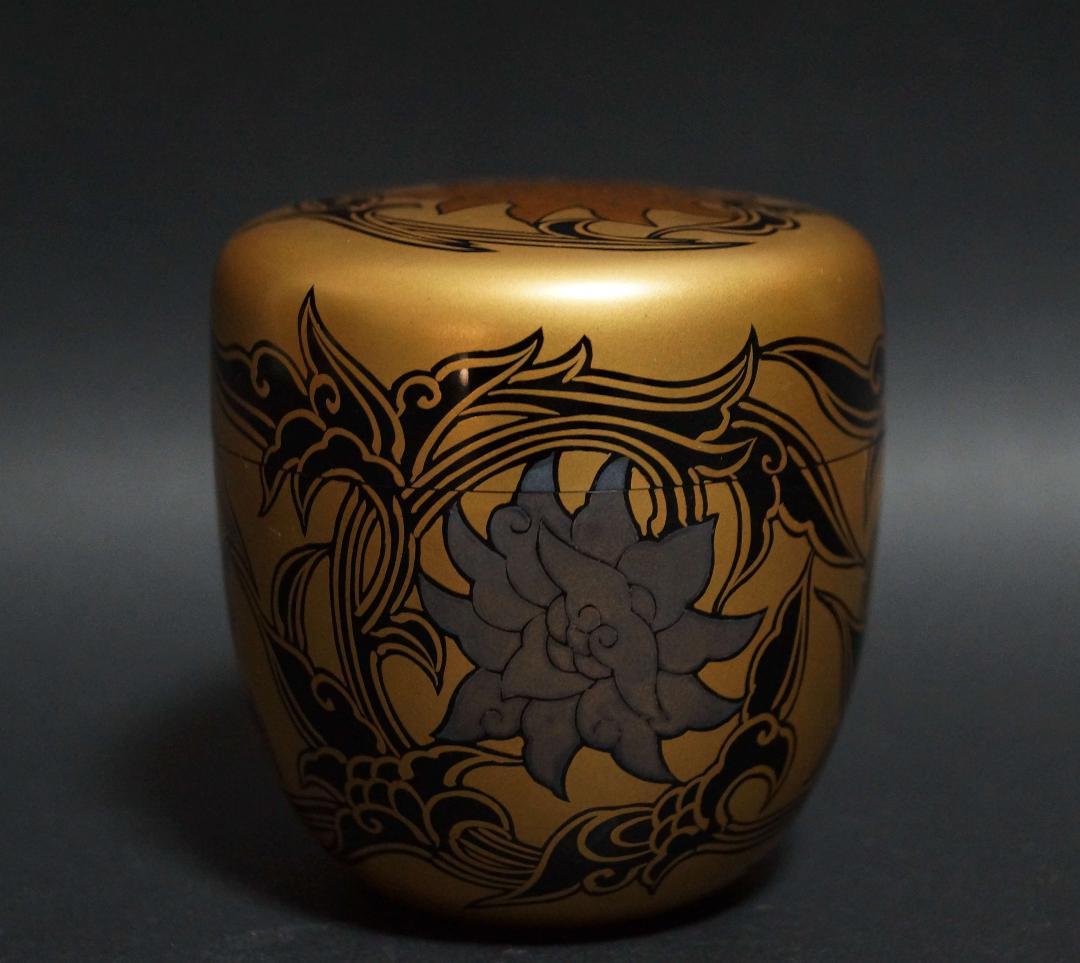 輪島塗 蒔絵師 紫香 (谷内 一則)造 金蒔絵『唐花』棗木製漆塗 共箱★美品