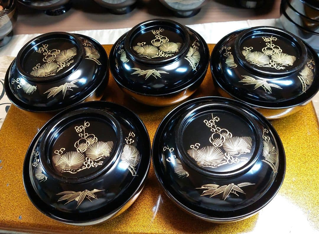 輪島黒塗松竹梅沈金蒔絵五客