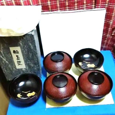 輪島塗、煮物椀五客、木製、筋目雲錦松葉蒔絵、いま2番