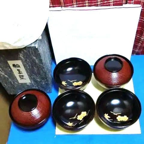 輪島塗、煮物椀五客、木製、筋目雲錦松葉蒔絵、いま2番