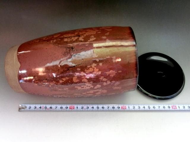 水指●筒水指 【春峰造】鉄釉 漆器蓋 塗蓋 茶釉 お茶道具 時代物 骨董品■