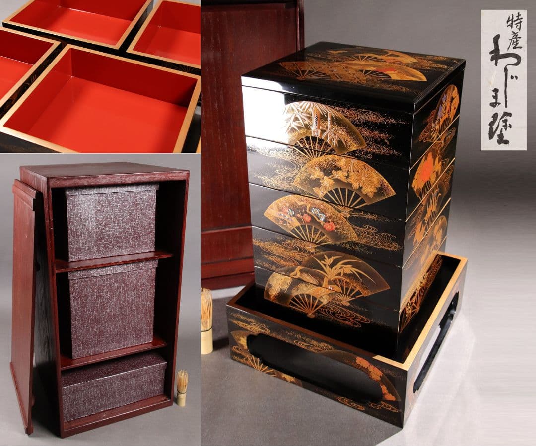 M667/輪島塗 桐鳳凰草花扇面金蒔絵 銀象嵌 螺鈿細工 黒塗内朱塗五段重 重台